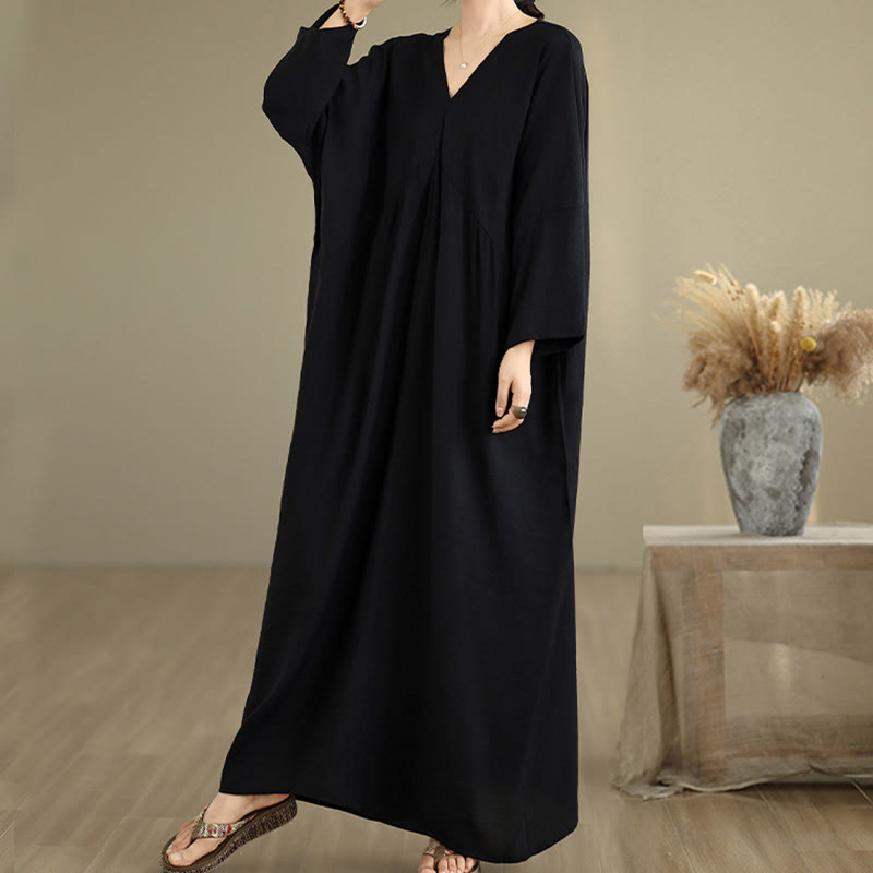 Buddha Stones Fall Pure Color V-Neck Long Sleeve Cotton Midi Dress - image 3