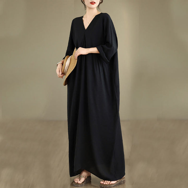 Buddha Stones Fall Pure Color V-Neck Long Sleeve Cotton Midi Dress - image 4