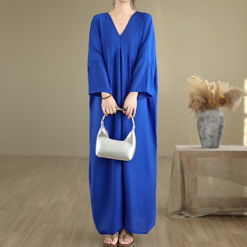 Buddha Stones Fall Pure Color V-Neck Long Sleeve Cotton Midi Dress - image 16