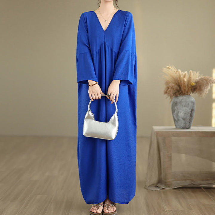Buddha Stones Fall Pure Color V-Neck Long Sleeve Cotton Midi Dress - image 16