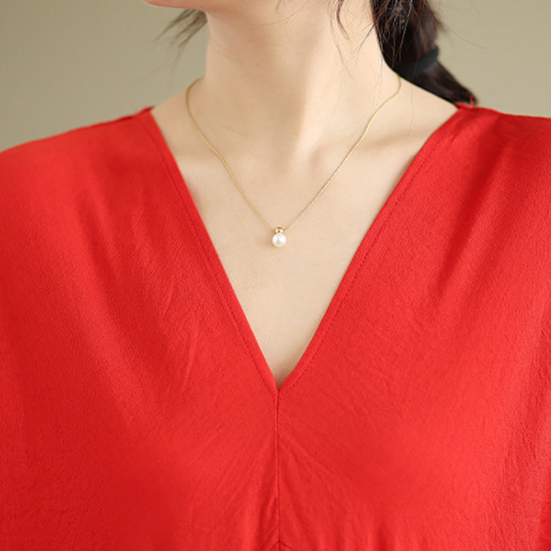 Buddha Stones Fall Pure Color V-Neck Long Sleeve Cotton Midi Dress - image 9