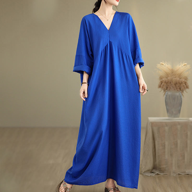 Buddha Stones Fall Pure Color V-Neck Long Sleeve Cotton Midi Dress - image 14