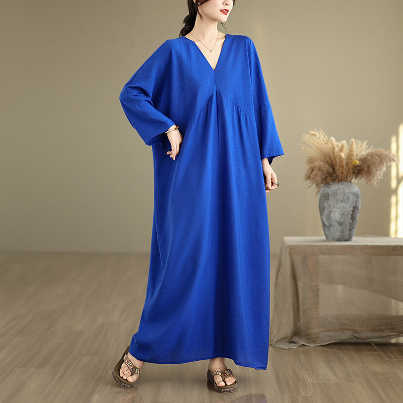 Buddha Stones Fall Pure Color V-Neck Long Sleeve Cotton Midi Dress - Blue - US4-12，UK/AU8-18，EU36-46(F) - image 12