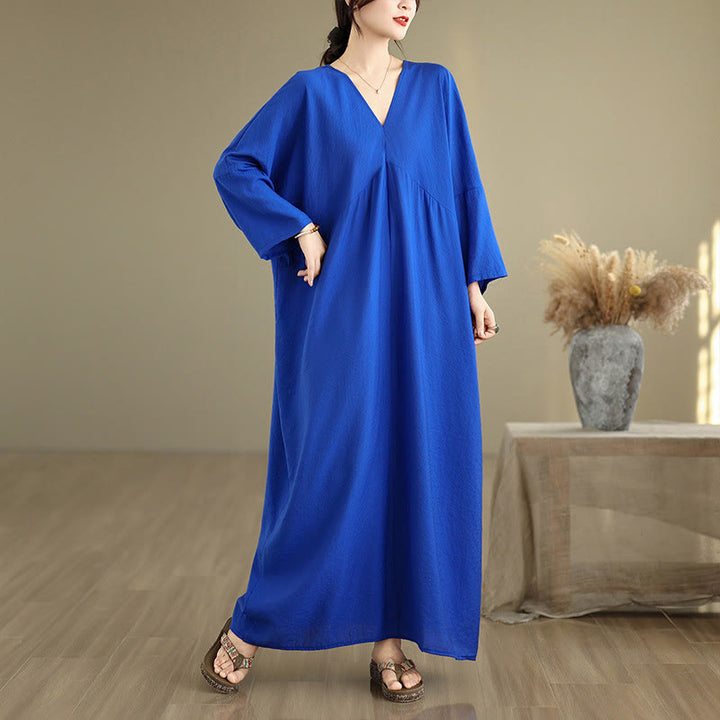 Buddha Stones Fall Pure Color V-Neck Long Sleeve Cotton Midi Dress - Blue - US4-12，UK/AU8-18，EU36-46(F) - image 12