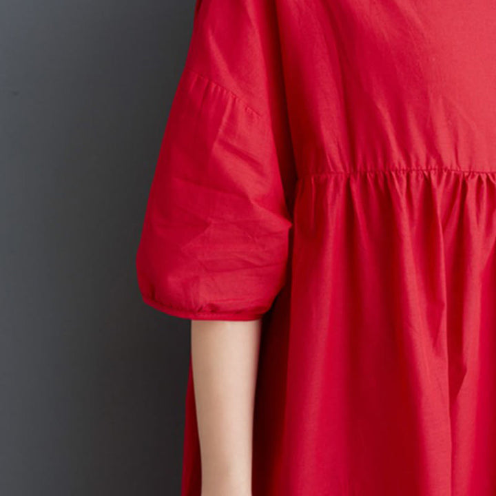 Buddha Stones Solid Color Pleated Design Crew Neck Half Puff Sleeve Cotton Midi Dress - image 31