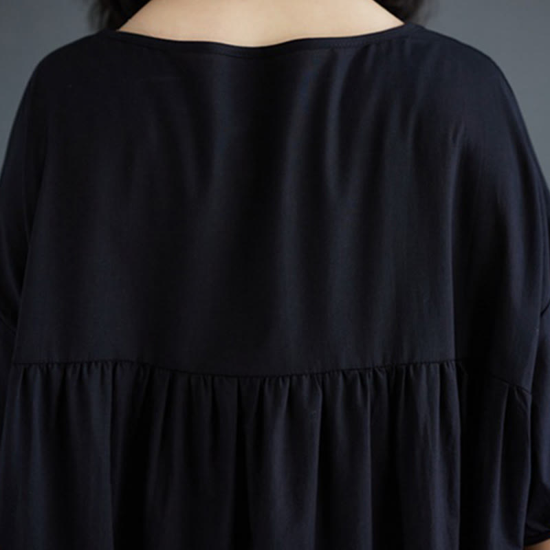 Buddha Stones Solid Color Pleated Design Crew Neck Half Puff Sleeve Cotton Midi Dress - image 38