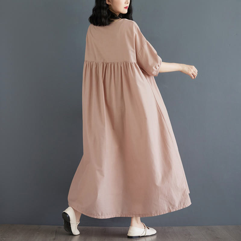 Buddha Stones Solid Color Pleated Design Crew Neck Half Puff Sleeve Cotton Midi Dress - image 46