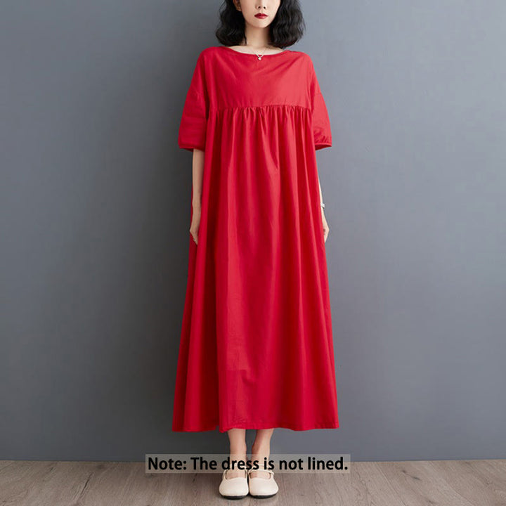 Buddha Stones Solid Color Pleated Design Crew Neck Half Puff Sleeve Cotton Midi Dress - image 22