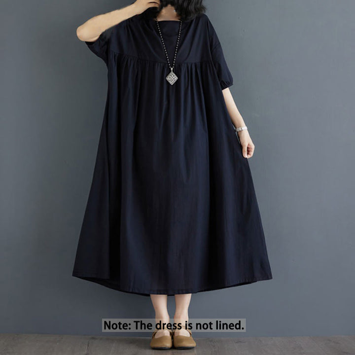 Buddha Stones Solid Color Pleated Design Crew Neck Half Puff Sleeve Cotton Midi Dress - image 33