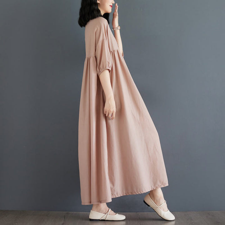 Buddha Stones Solid Color Pleated Design Crew Neck Half Puff Sleeve Cotton Midi Dress - image 45