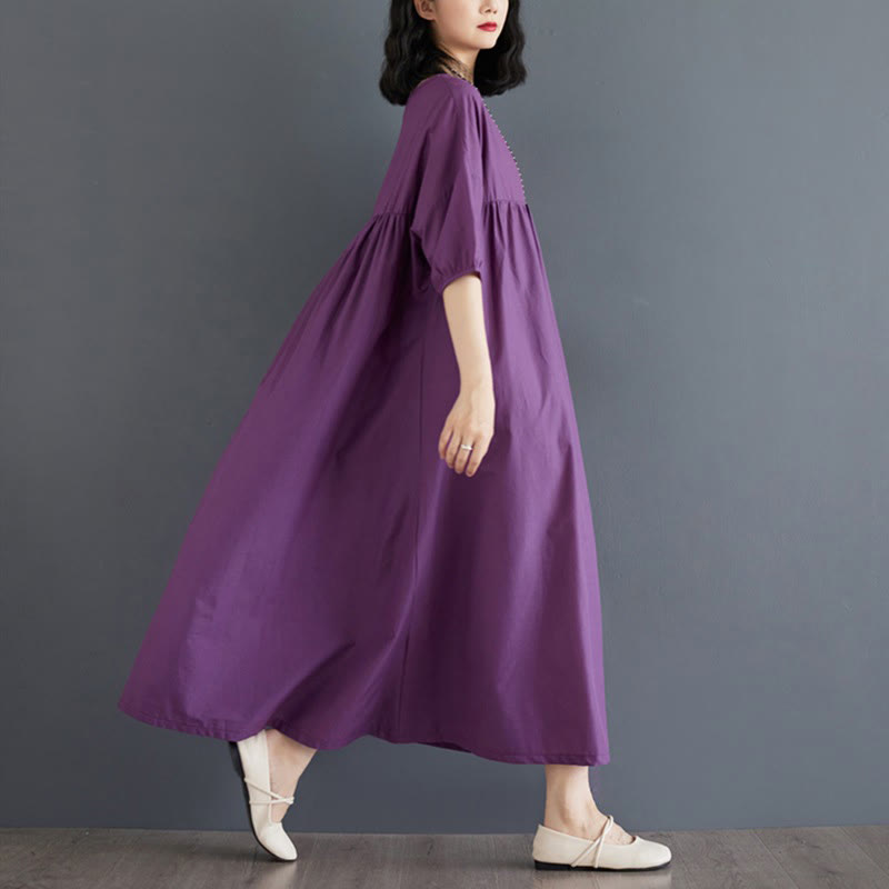 Buddha Stones Solid Color Pleated Design Crew Neck Half Puff Sleeve Cotton Midi Dress - image 3