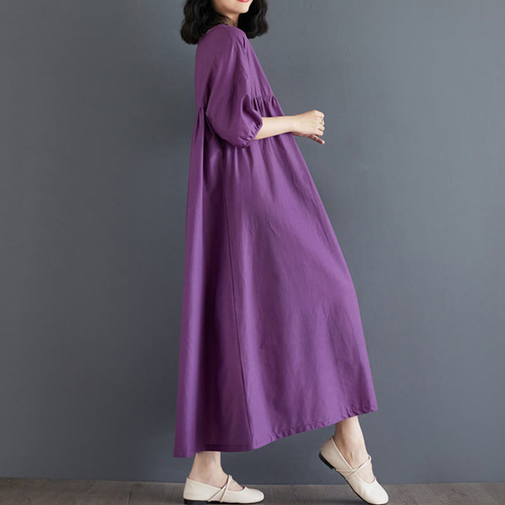 Buddha Stones Solid Color Pleated Design Crew Neck Half Puff Sleeve Cotton Midi Dress - image 5