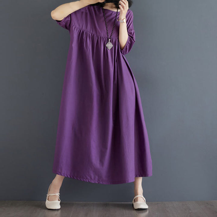 Buddha Stones Solid Color Pleated Design Crew Neck Half Puff Sleeve Cotton Midi Dress - image 4