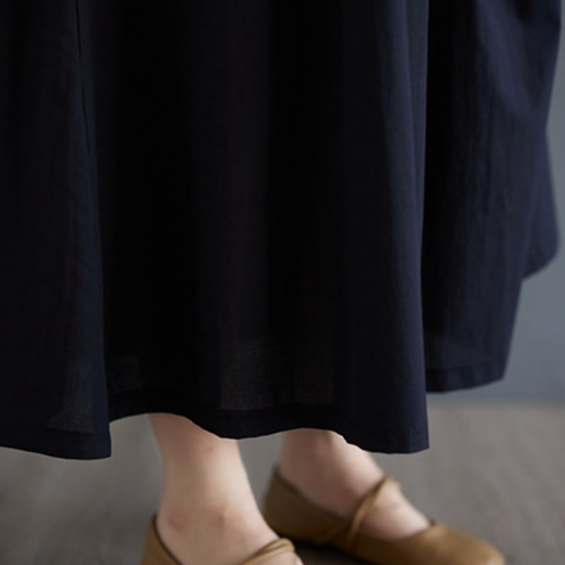 Buddha Stones Solid Color Pleated Design Crew Neck Half Puff Sleeve Cotton Midi Dress - image 40