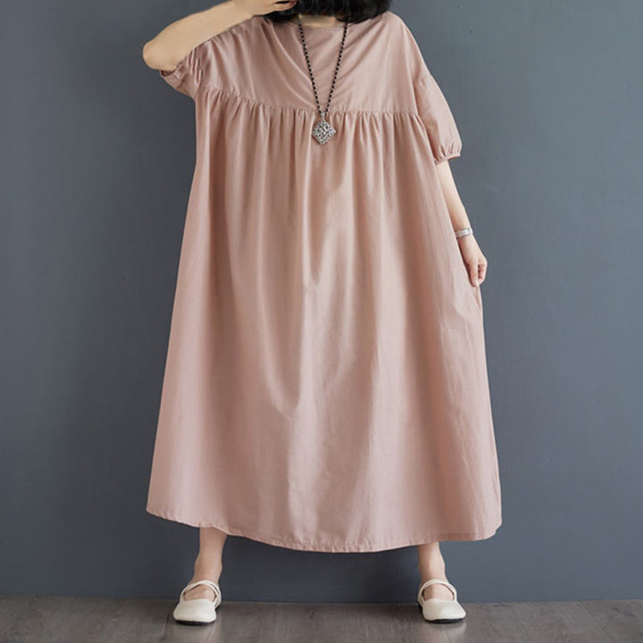 Buddha Stones Solid Color Pleated Design Crew Neck Half Puff Sleeve Cotton Midi Dress - image 43
