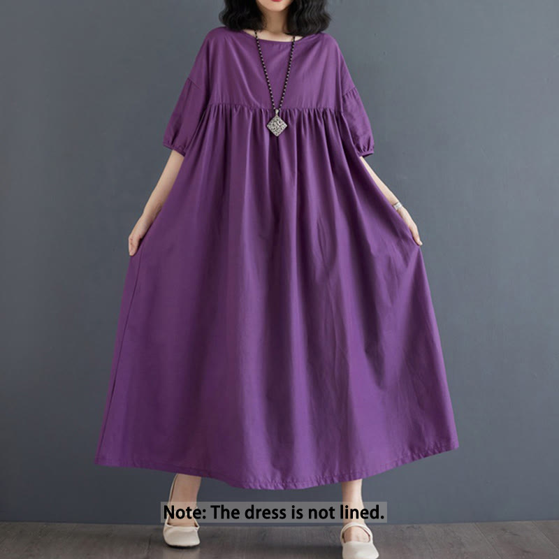 Buddha Stones Solid Color Pleated Design Crew Neck Half Puff Sleeve Cotton Midi Dress - image 2