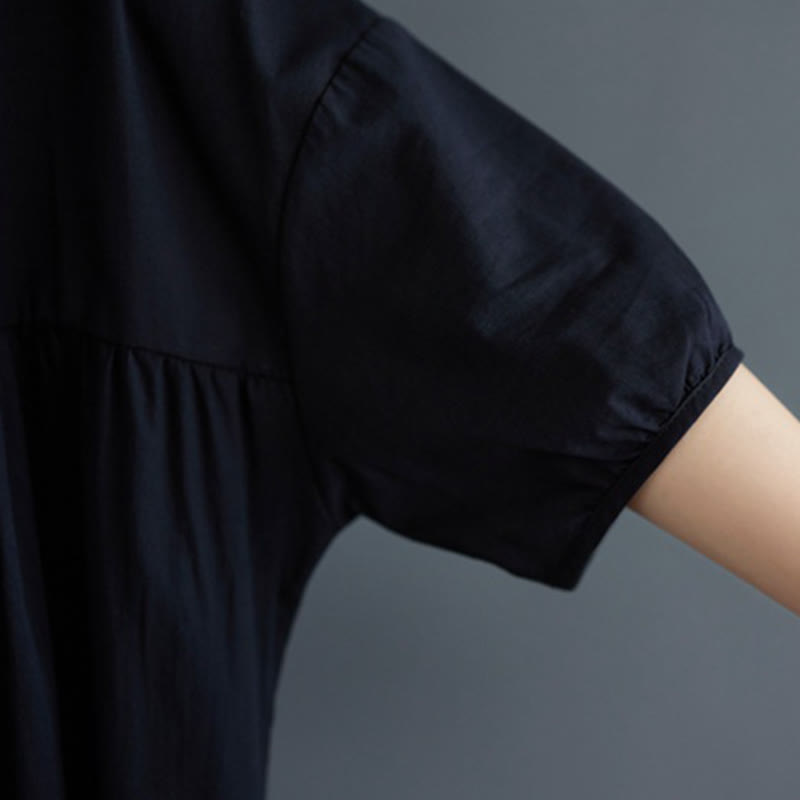 Buddha Stones Solid Color Pleated Design Crew Neck Half Puff Sleeve Cotton Midi Dress - image 39