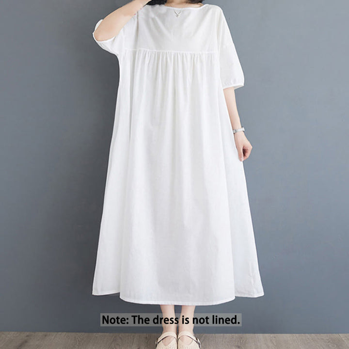 Buddha Stones Solid Color Pleated Design Crew Neck Half Puff Sleeve Cotton Midi Dress - image 8