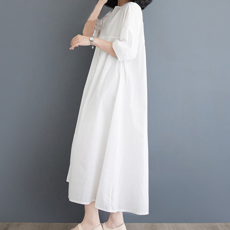 Buddha Stones Solid Color Pleated Design Crew Neck Half Puff Sleeve Cotton Midi Dress - image 13