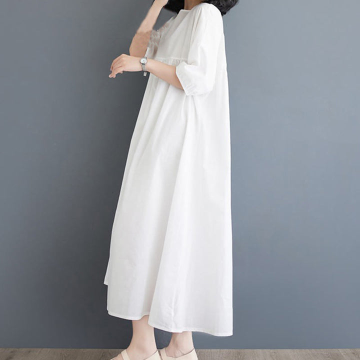 Buddha Stones Solid Color Pleated Design Crew Neck Half Puff Sleeve Cotton Midi Dress - image 13