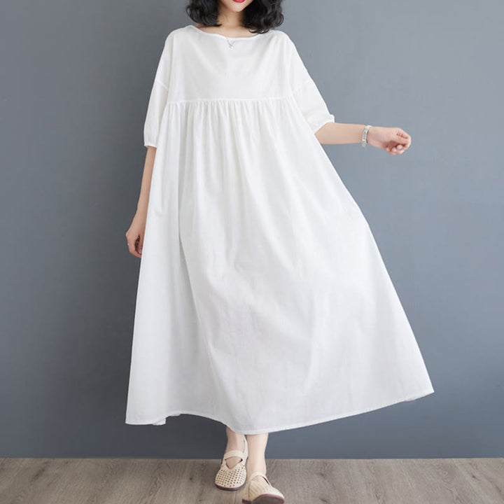 Buddha Stones Solid Color Pleated Design Crew Neck Half Puff Sleeve Cotton Midi Dress - image 11