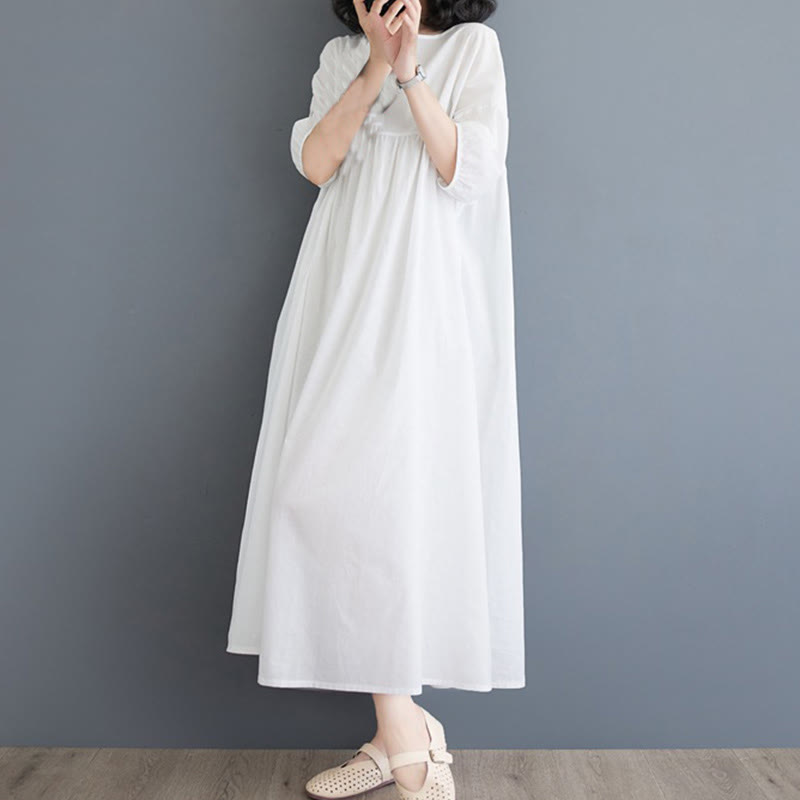 Buddha Stones Solid Color Pleated Design Crew Neck Half Puff Sleeve Cotton Midi Dress - image 12