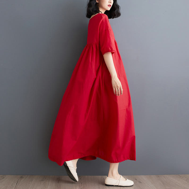 Buddha Stones Solid Color Pleated Design Crew Neck Half Puff Sleeve Cotton Midi Dress - image 27