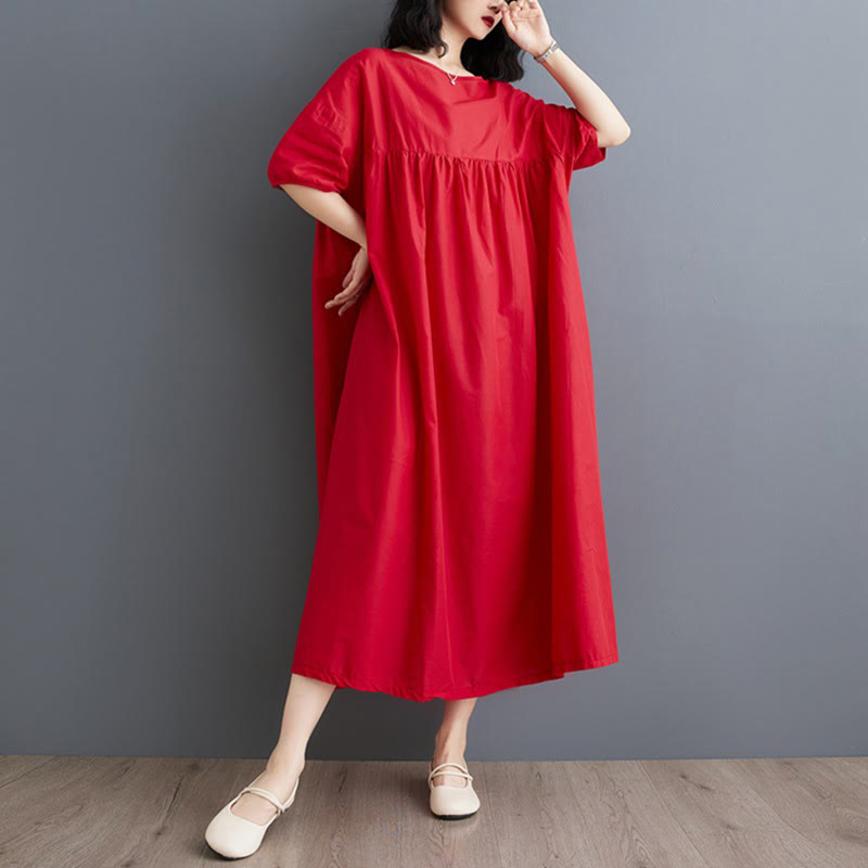 Buddha Stones Solid Color Pleated Design Crew Neck Half Puff Sleeve Cotton Midi Dress - image 24