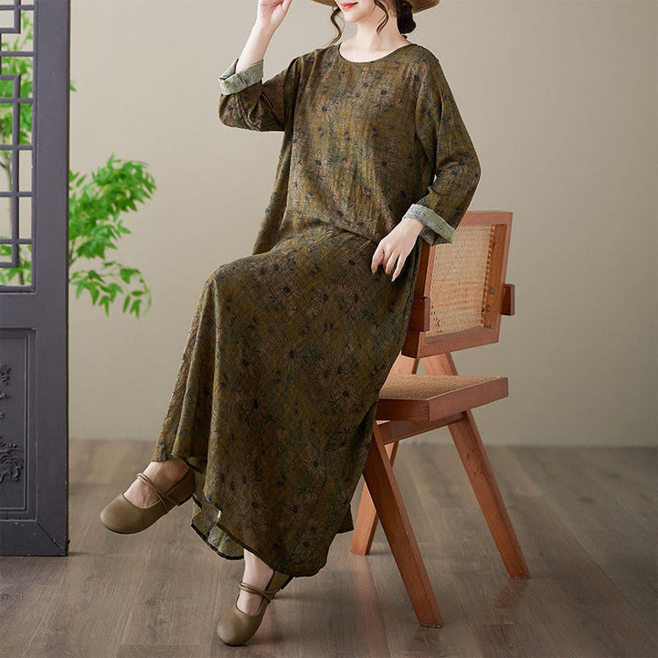 Buddha Stones Olive Printing Flower Long Sleeve Cotton Linen Maxi Dress With Pockets - image 6