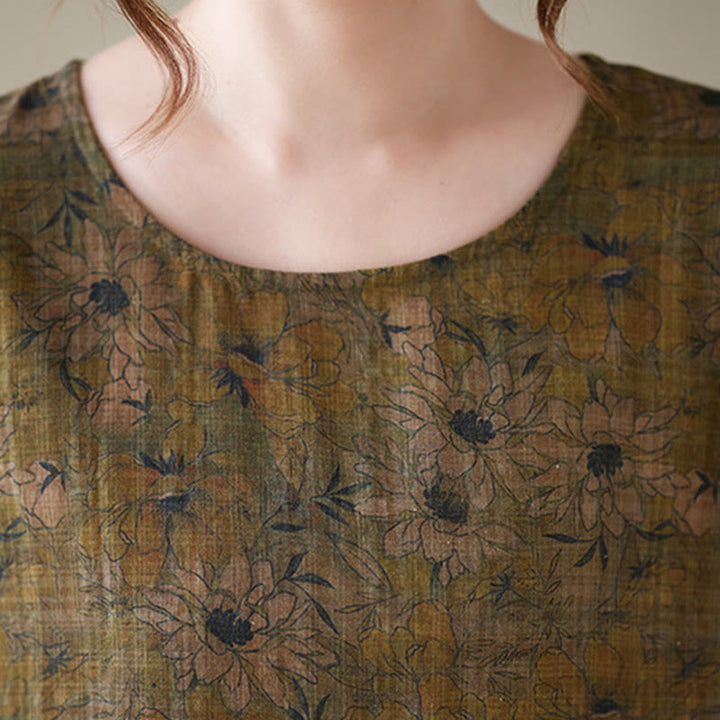 Buddha Stones Olive Printing Flower Long Sleeve Cotton Linen Maxi Dress With Pockets - image 8