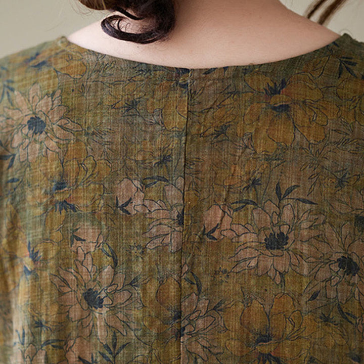 Buddha Stones Olive Printing Flower Long Sleeve Cotton Linen Maxi Dress With Pockets - image 9