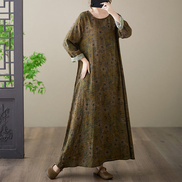 Buddha Stones Olive Printing Flower Long Sleeve Cotton Linen Maxi Dress With Pockets - image 4