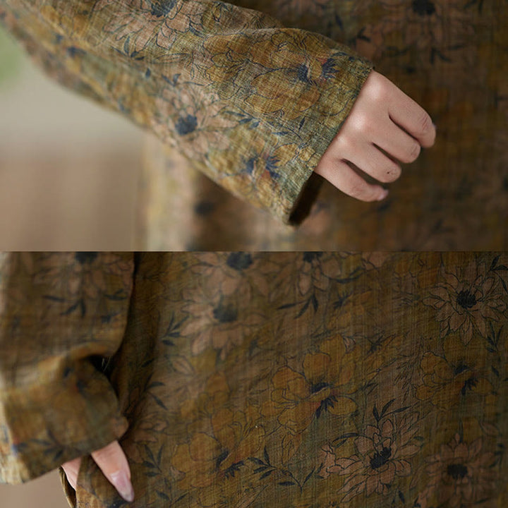 Buddha Stones Olive Printing Flower Long Sleeve Cotton Linen Maxi Dress With Pockets - image 12