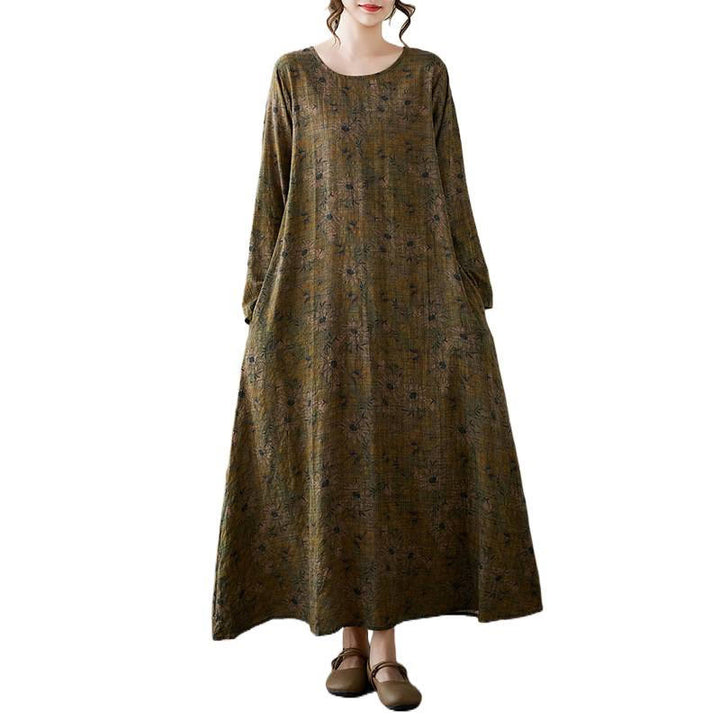 Buddha Stones Olive Printing Flower Long Sleeve Cotton Linen Maxi Dress With Pockets - image 13