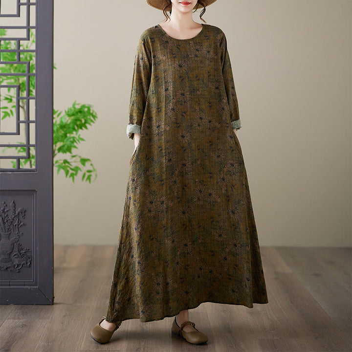 Buddha Stones Olive Printing Flower Long Sleeve Cotton Linen Maxi Dress With Pockets - Olive - US14，UK/AU18，EU46 (3XL) - image 0