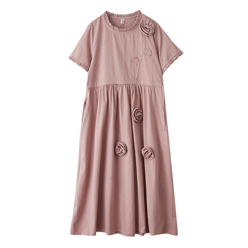 Buddha Stones Three-Dimensional Flower Ruffled Short Sleeve Cotton Linen Midi Dress With Pockets - image 16