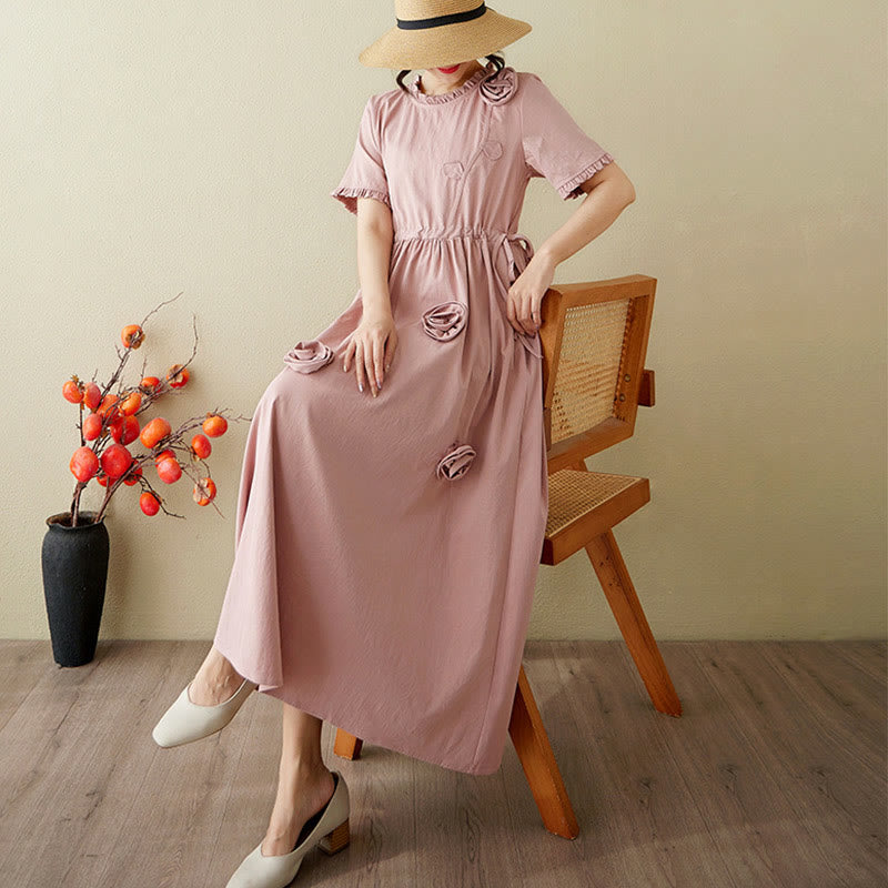 Buddha Stones Three-Dimensional Flower Ruffled Short Sleeve Cotton Linen Midi Dress With Pockets - image 8