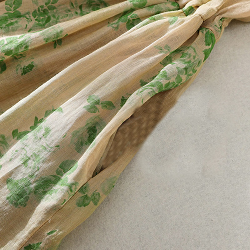 Buddha Stones Printing Buttons Drawstring High Waist Short Sleeve Cotton Midi Dress With Pockets - image 17