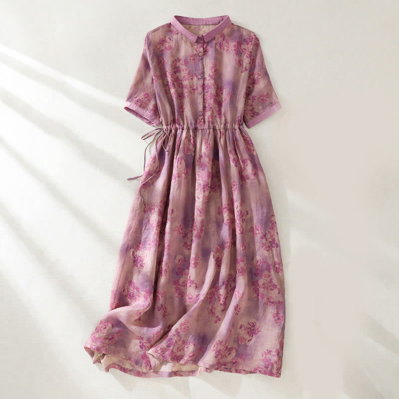 Buddha Stones Printing Buttons Drawstring High Waist Short Sleeve Cotton Midi Dress With Pockets - PaleVioletRed - US8-10，UK/AU12-14，EU40-42 (2XL) - image 20