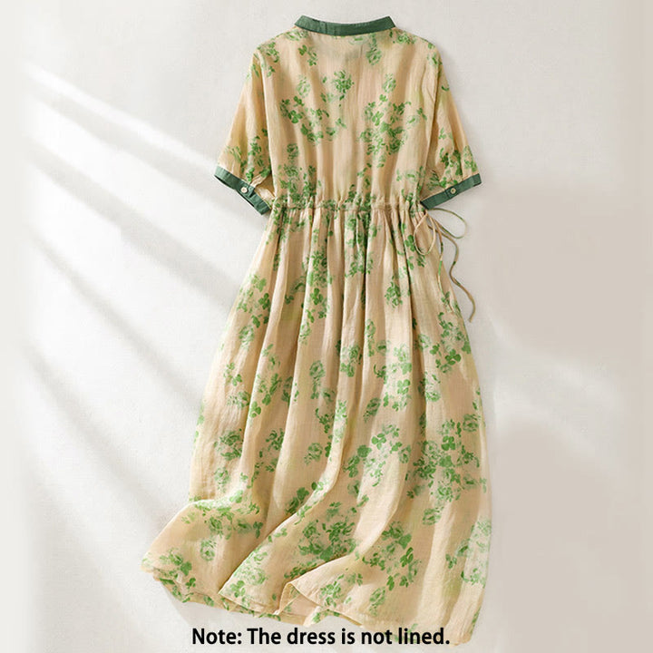 Buddha Stones Printing Buttons Drawstring High Waist Short Sleeve Midi Dress With Pockets - image 8