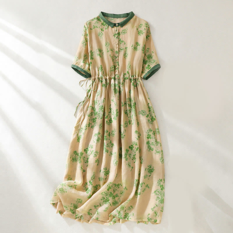 Buddha Stones Printing Buttons Drawstring High Waist Short Sleeve Cotton Midi Dress With Pockets - LightGoldenrodYellow - US8-10，UK/AU12-14，EU40-42 (2XL) - image 8