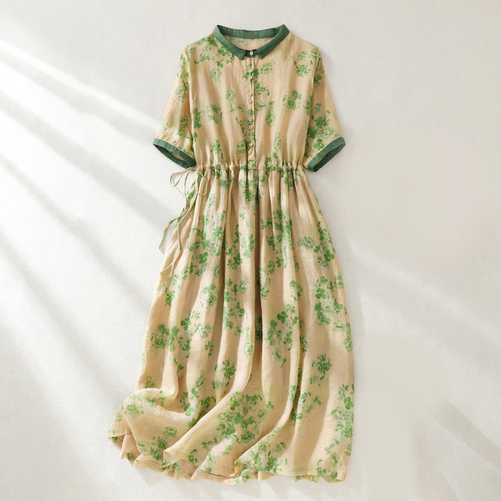 Buddha Stones Printing Buttons Drawstring High Waist Short Sleeve Cotton Midi Dress With Pockets - LightGoldenrodYellow - US8-10，UK/AU12-14，EU40-42 (2XL) - image 8