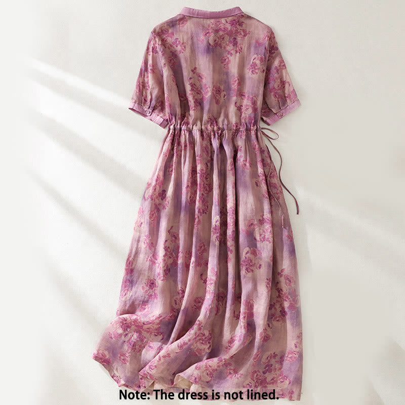 Buddha Stones Printing Buttons Drawstring High Waist Short Sleeve Midi Dress With Pockets - image 21