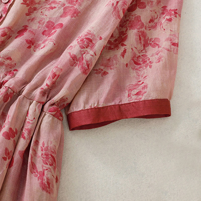 Buddha Stones Printing Buttons Drawstring High Waist Short Sleeve Cotton Midi Dress With Pockets - image 6