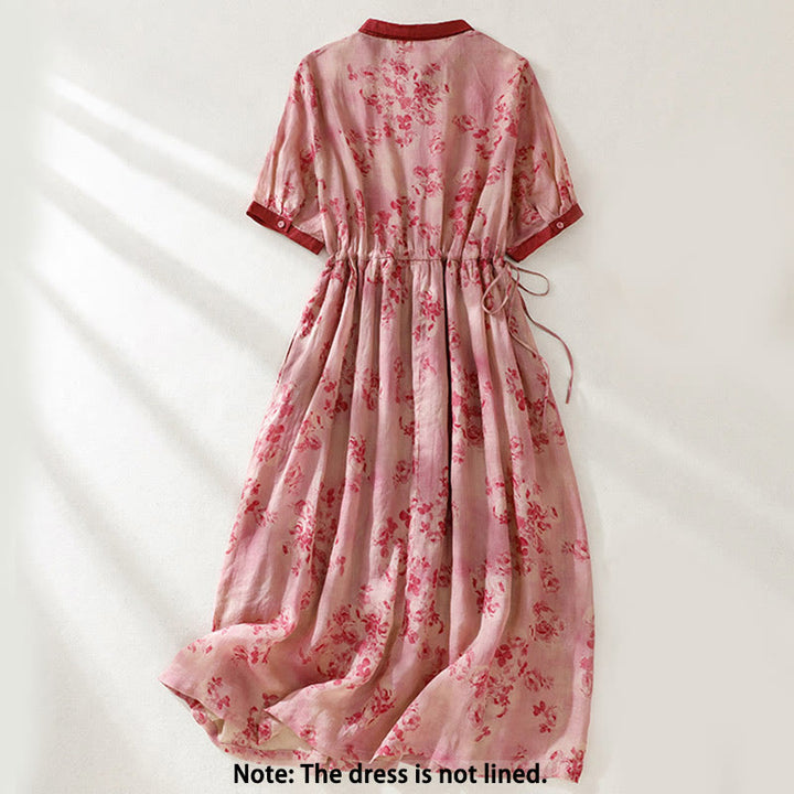 Buddha Stones Printing Buttons Drawstring High Waist Short Sleeve Midi Dress With Pockets - image 1