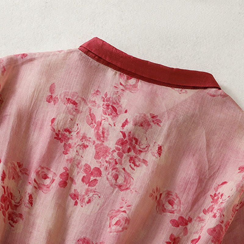 Buddha Stones Printing Buttons Drawstring High Waist Short Sleeve Cotton Midi Dress With Pockets - image 4