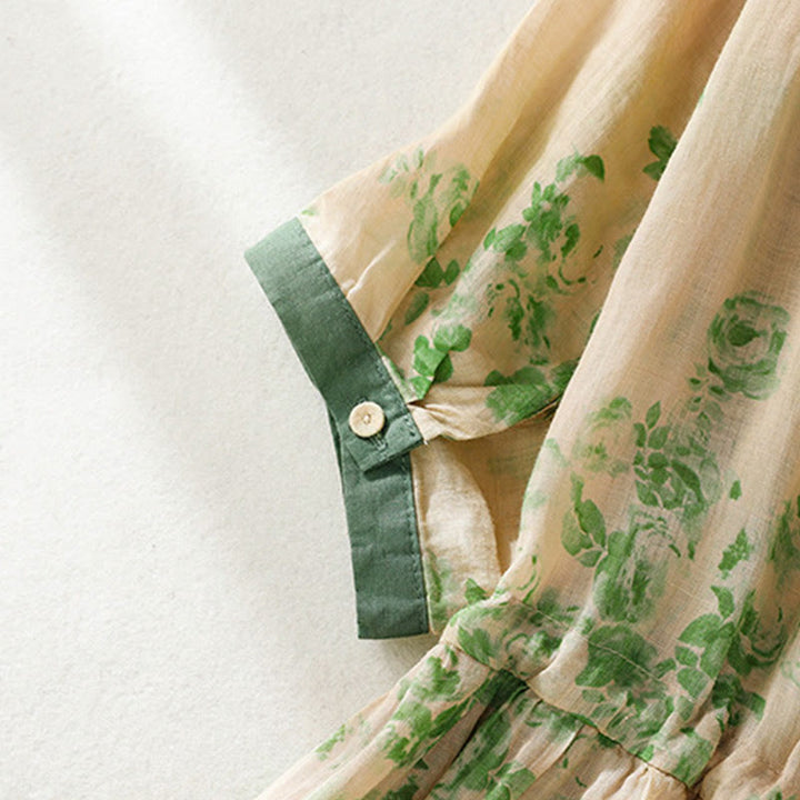 Buddha Stones Printing Buttons Drawstring High Waist Short Sleeve Cotton Midi Dress With Pockets - image 12