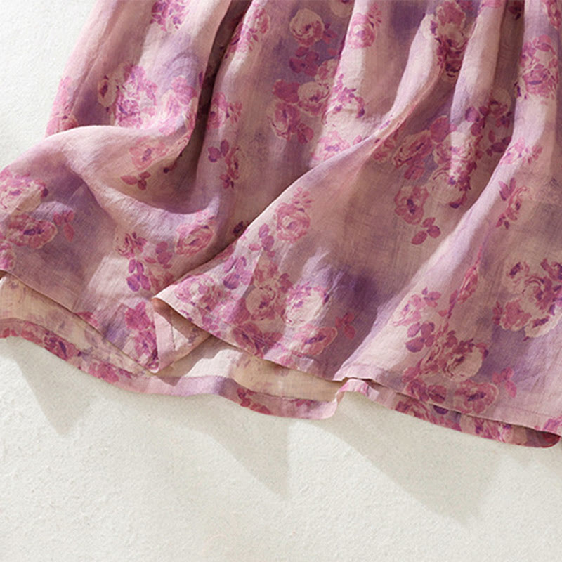 Buddha Stones Printing Buttons Drawstring High Waist Short Sleeve Cotton Midi Dress With Pockets - image 27