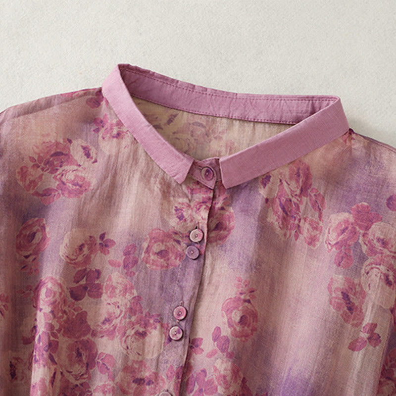 Buddha Stones Printing Buttons Drawstring High Waist Short Sleeve Cotton Midi Dress With Pockets - image 22