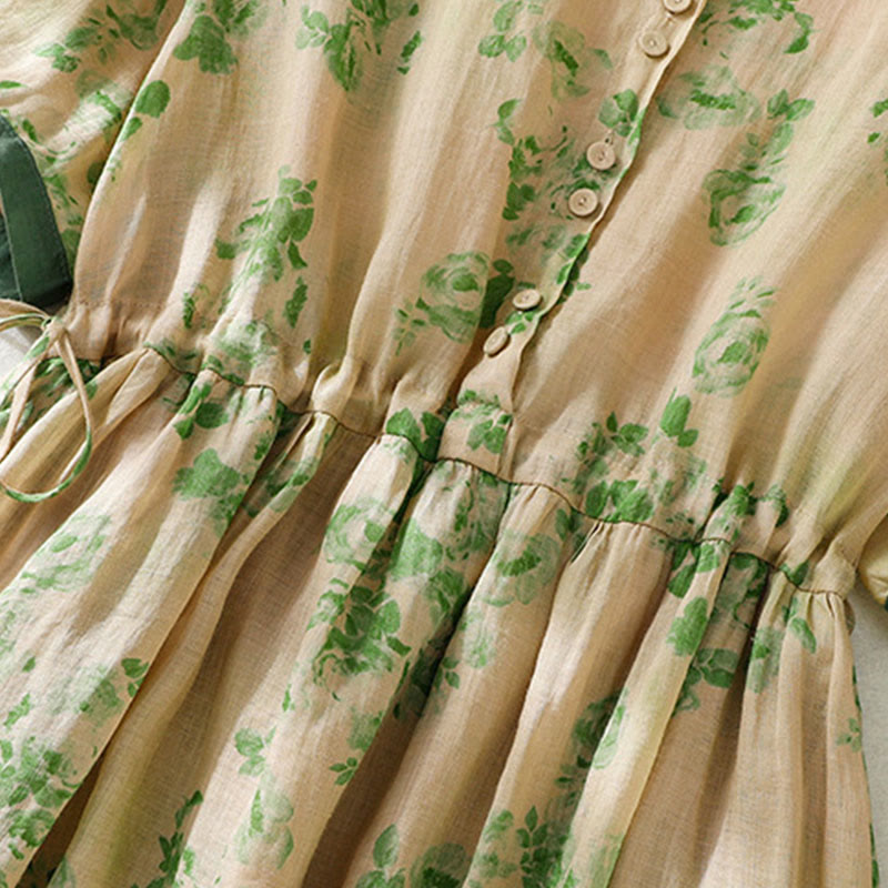 Buddha Stones Printing Buttons Drawstring High Waist Short Sleeve Cotton Midi Dress With Pockets - image 15